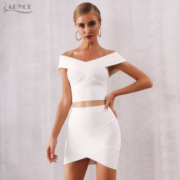 ADYCE 2019 New Summer Women Bodycon Bandage Sets Dress Vestidos 2 Two pieces Set Top& Skirts Off Shoulder Celebrity Party Dress